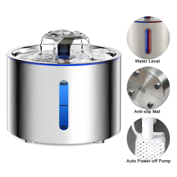 Stainless steel automatic pet water fountain with indicators for water level, anti-slip mat, and auto power-off pump