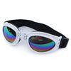 A pair of white and black durable pet sunglasses with iridescent lenses.