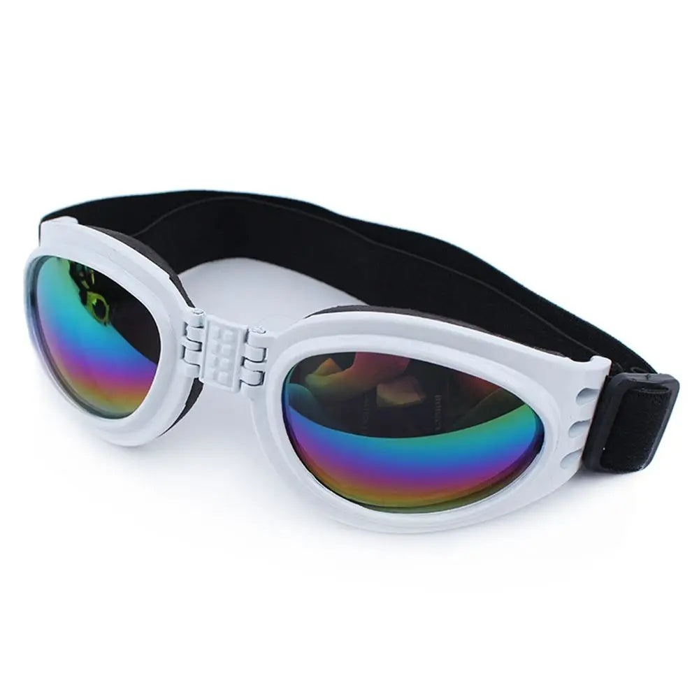 A pair of white and black durable pet sunglasses with iridescent lenses.