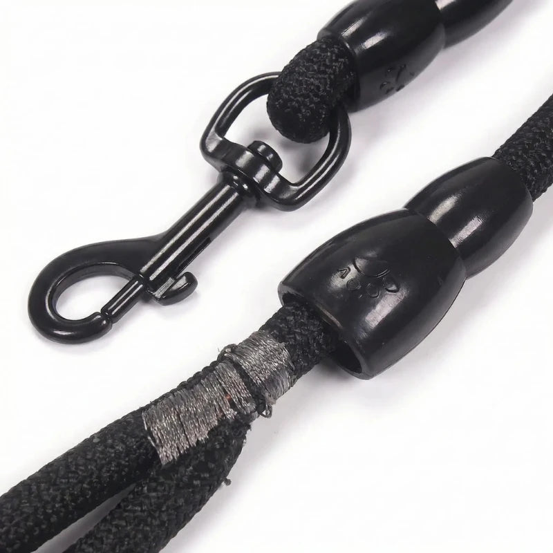 Black reflective nylon dog leash with a padded handle and metal clasp