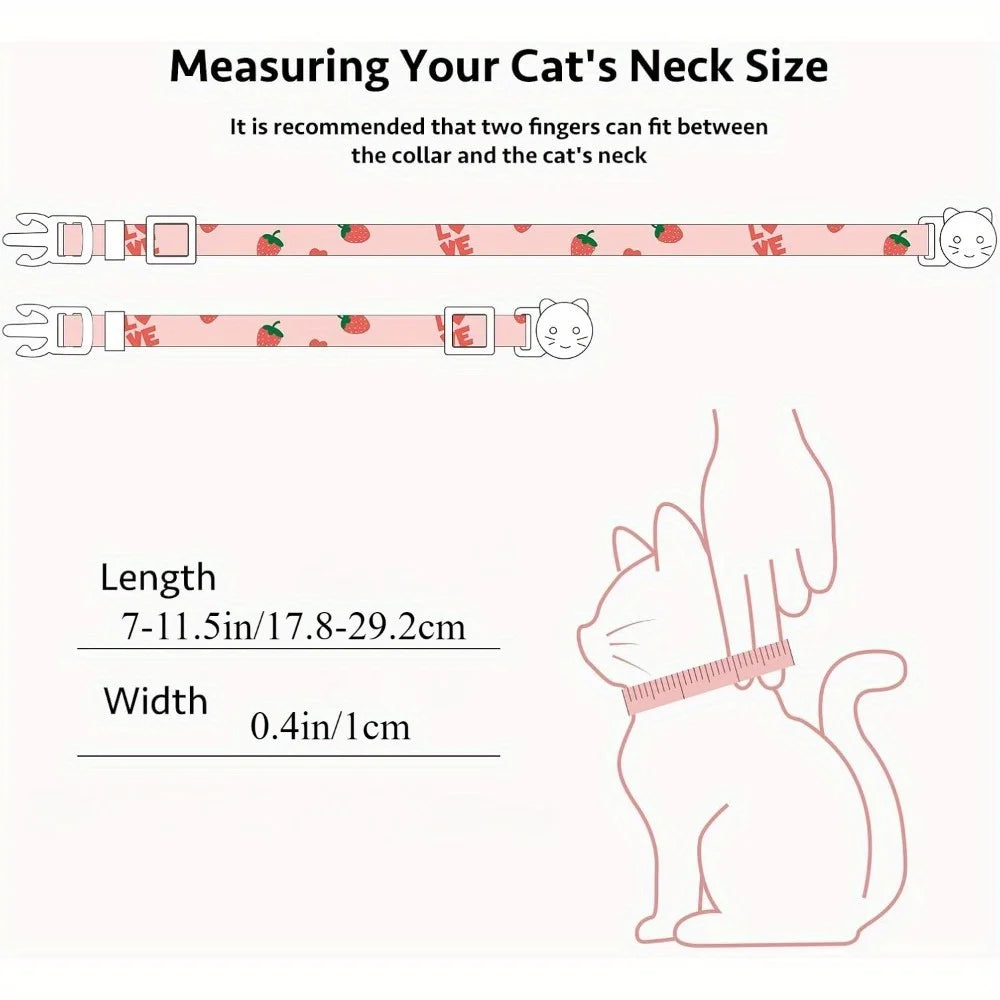 Measuring guide showing how to measure a cat's neck size with fingers and providing dimensions for the collar.
