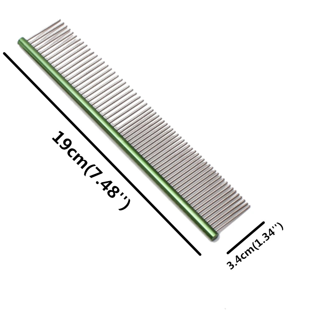 A long, silver aluminum pet grooming comb with 19cm length and a 3.4cm handle.