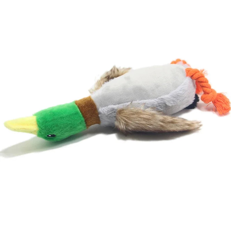 A plush toy shaped like a duck with green beak and orange-tipped feathers.