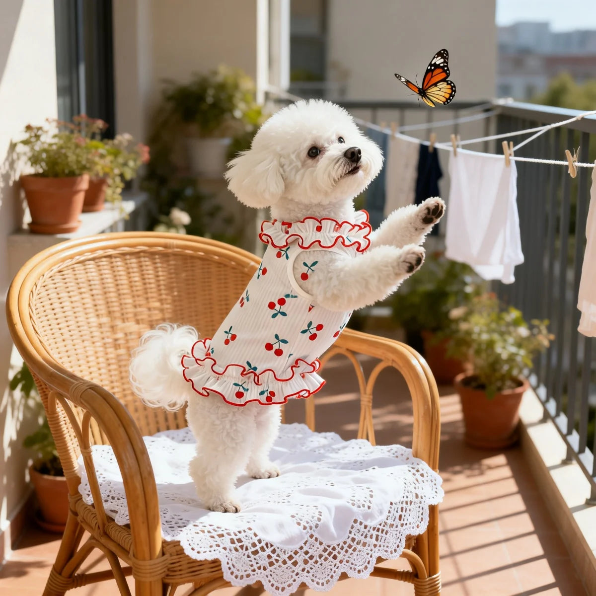 Ein flauschiger weißer Hund trägt ein rotes und weißes Kirsch-Rüschen-Haustierkleid auf einem Korbstuhl auf einem Balkon.
