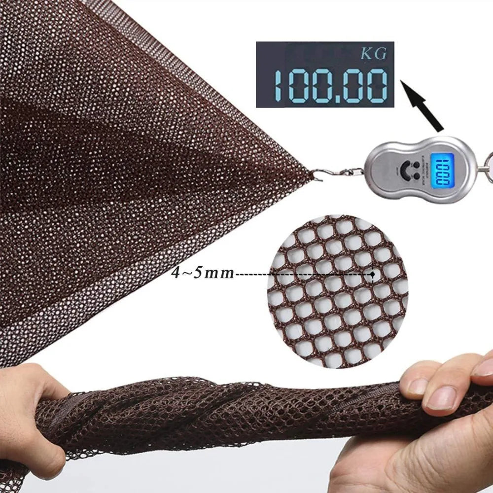 A close-up view of a dark brown durable safety mesh material being held, with a digital scale showing 100.00 kg.