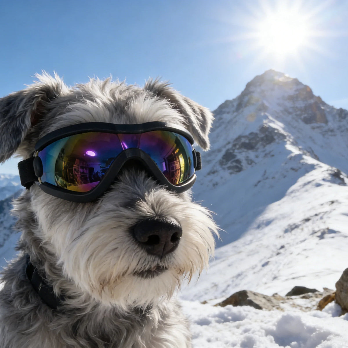 A fluffy dog wearing black UV protection sunglasses stands in a snowy mountain landscape under bright sunlight.