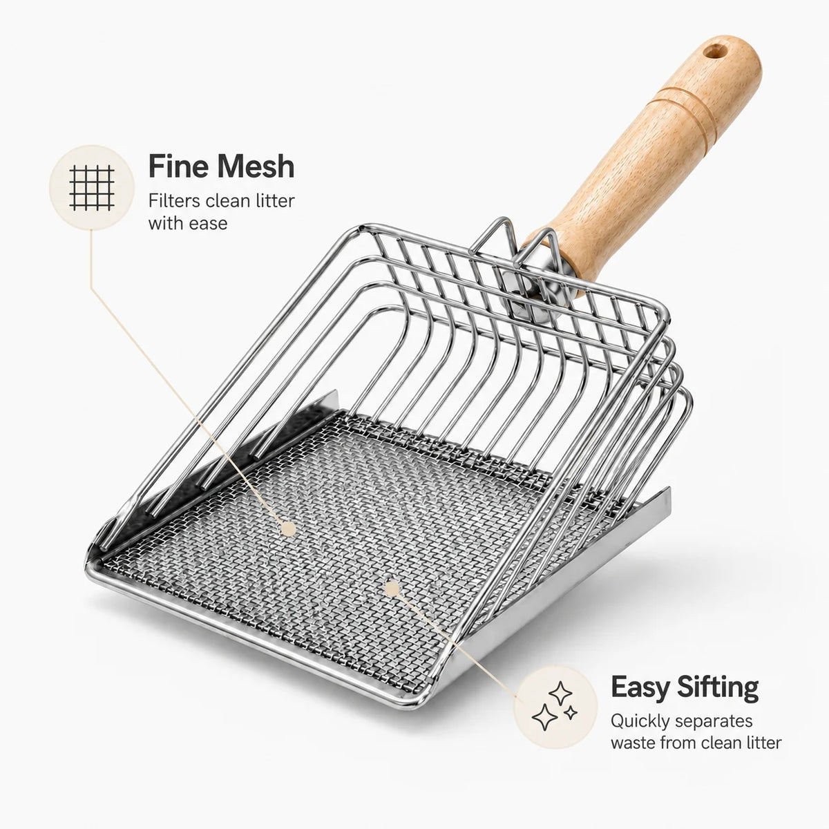 Stainless Steel Cat Litter Scoop with Wooden Handle and Fine Mesh Sifter