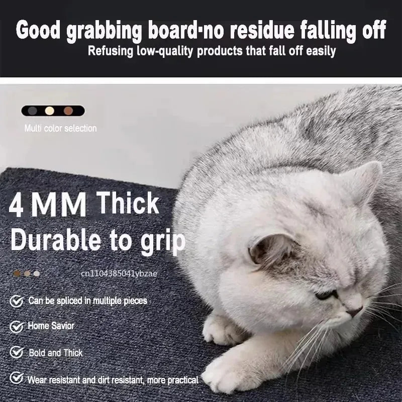 A gray cat is resting on a dark fabric, demonstrating the grip of a 4 mm thick durable and strong scratching board.