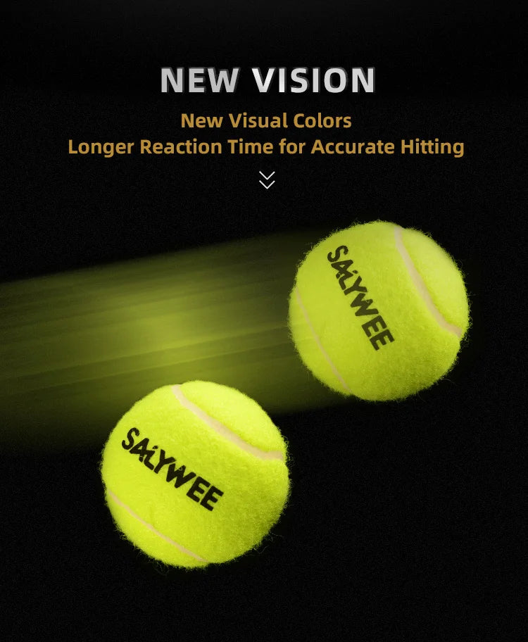Two yellow Salwee tennis balls are shown against a dark background with text about new vision and longer reaction time.