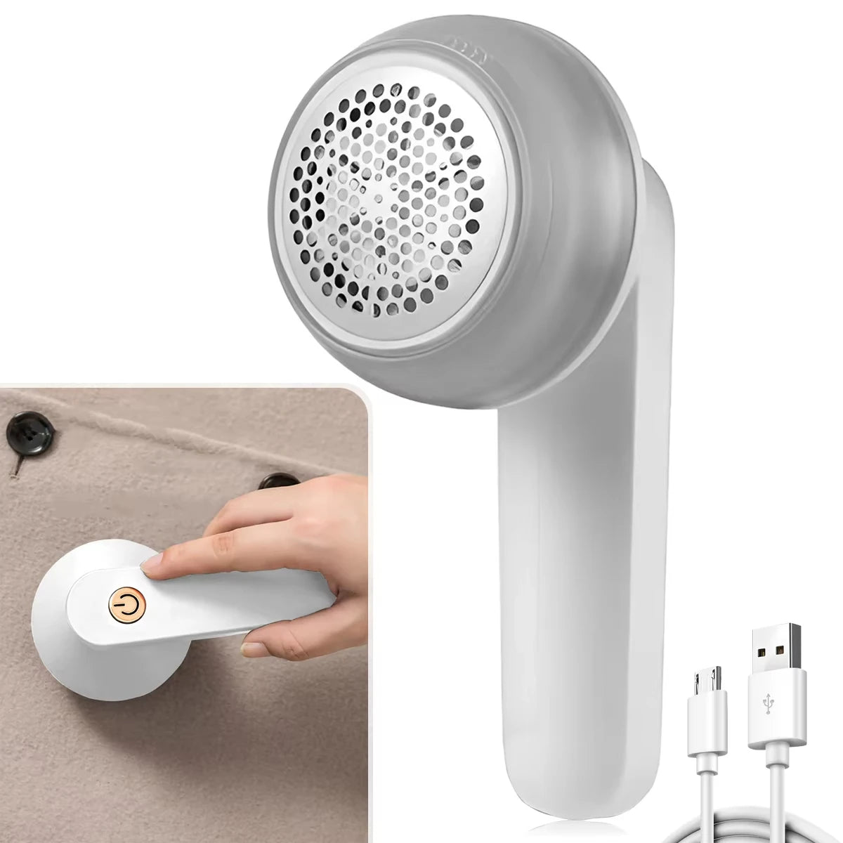 A white portable electric lint and fabric shaver with an LED display is shown next to a hand operating it.
