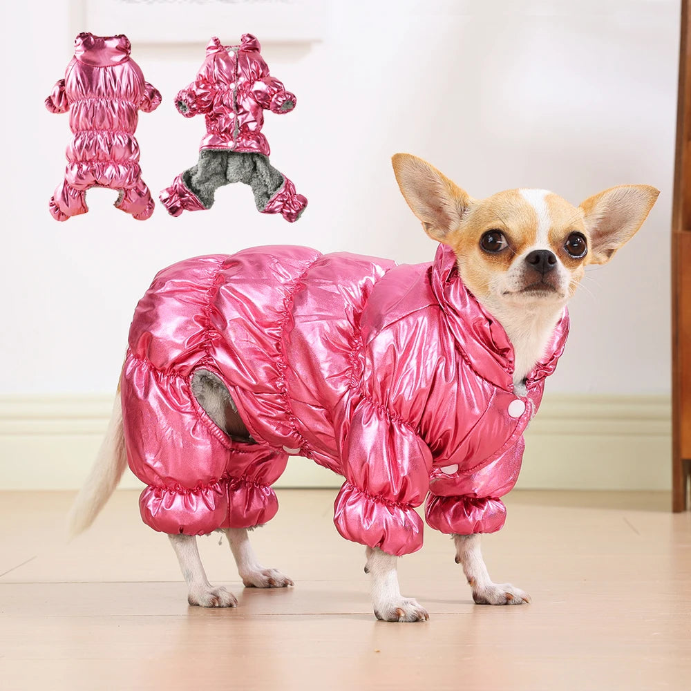 A pink waterproof fleece-lined dog jumpsuit is displayed next to two folded versions.