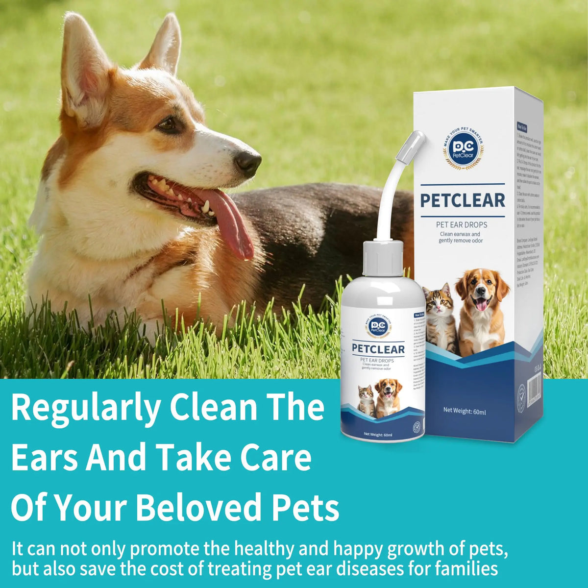 زجاجة قطرات أذن لـ Petclear بجوار كلب سعيد، للترويج لتنظيف الأذن المنتظم للحيوانات الأليفة.