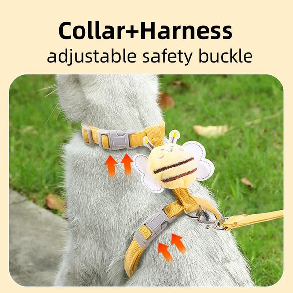 A light gray dog wearing a yellow collar and harness with an adjustable safety buckle and leash.