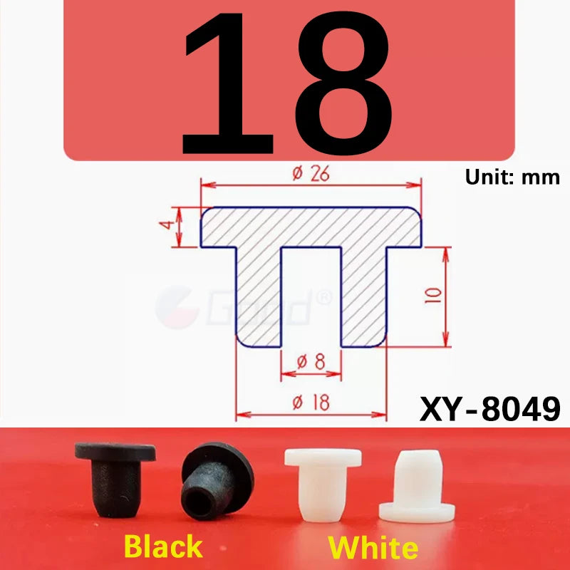 A set of silicone rubber hole plugs in black and white, shown next to a dimensioned example.