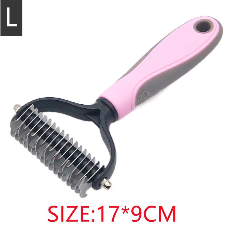 A pink and black stainless steel pet dematting comb for dogs and cats, shown against a white background.