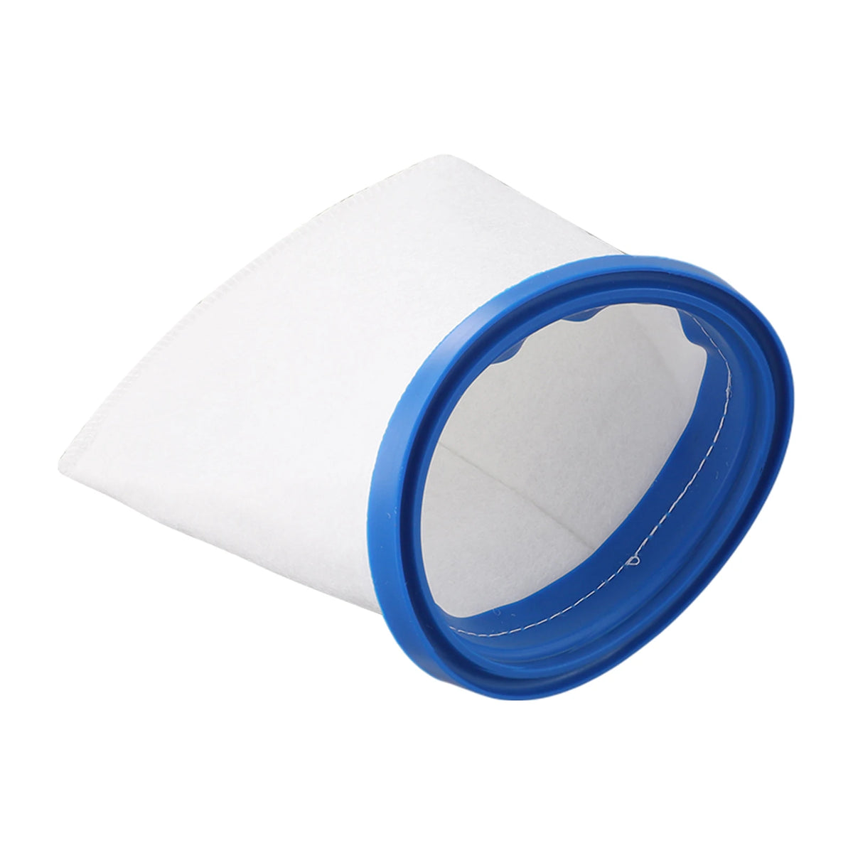 A roll of white pool filter bags with a blue rim, shown at an angle.