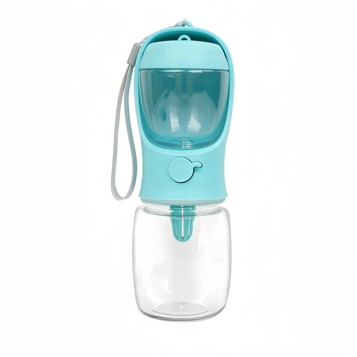 Helles blaues tragbares Haustier-Wasserflasche mit klarem Behälter und Silikon-Spout.