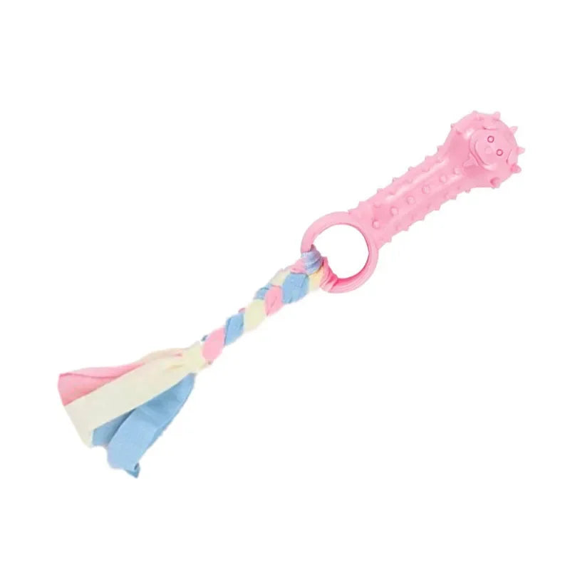 Pink dog chew toy gift set with striped fabric streamers