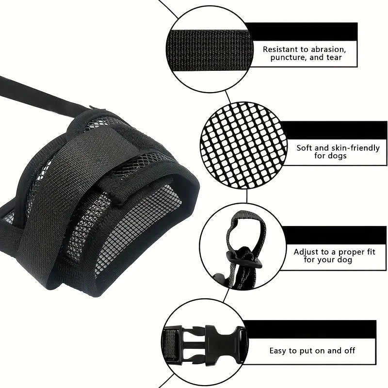 Bozal negro ajustable y transpirable para perro, resistente a la abrasión y fácil de poner y quitar.
