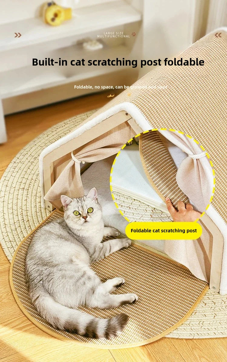 A gray cat is relaxing on a foldable wooden cat scratching post with a semi-enclosed bed.