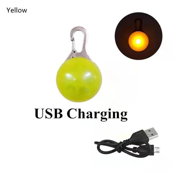 Yellow rechargeable LED dog collar light with a metal hook and USB charging cable