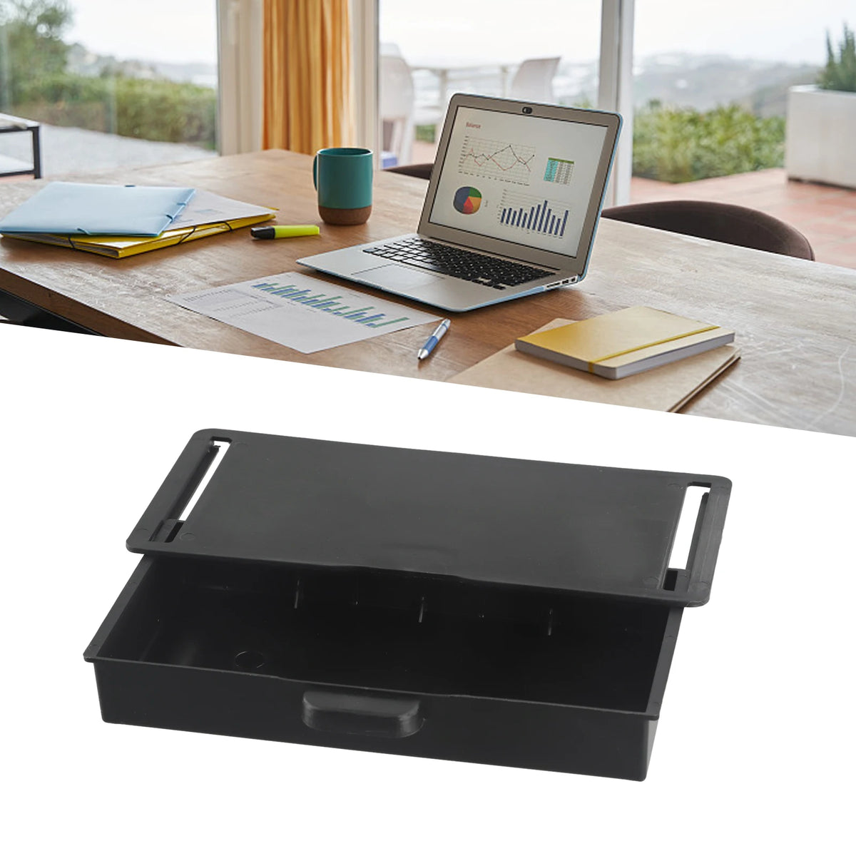 A black under desk drawer organizer with a dust-proof cover is shown open, revealing multiple compartments.