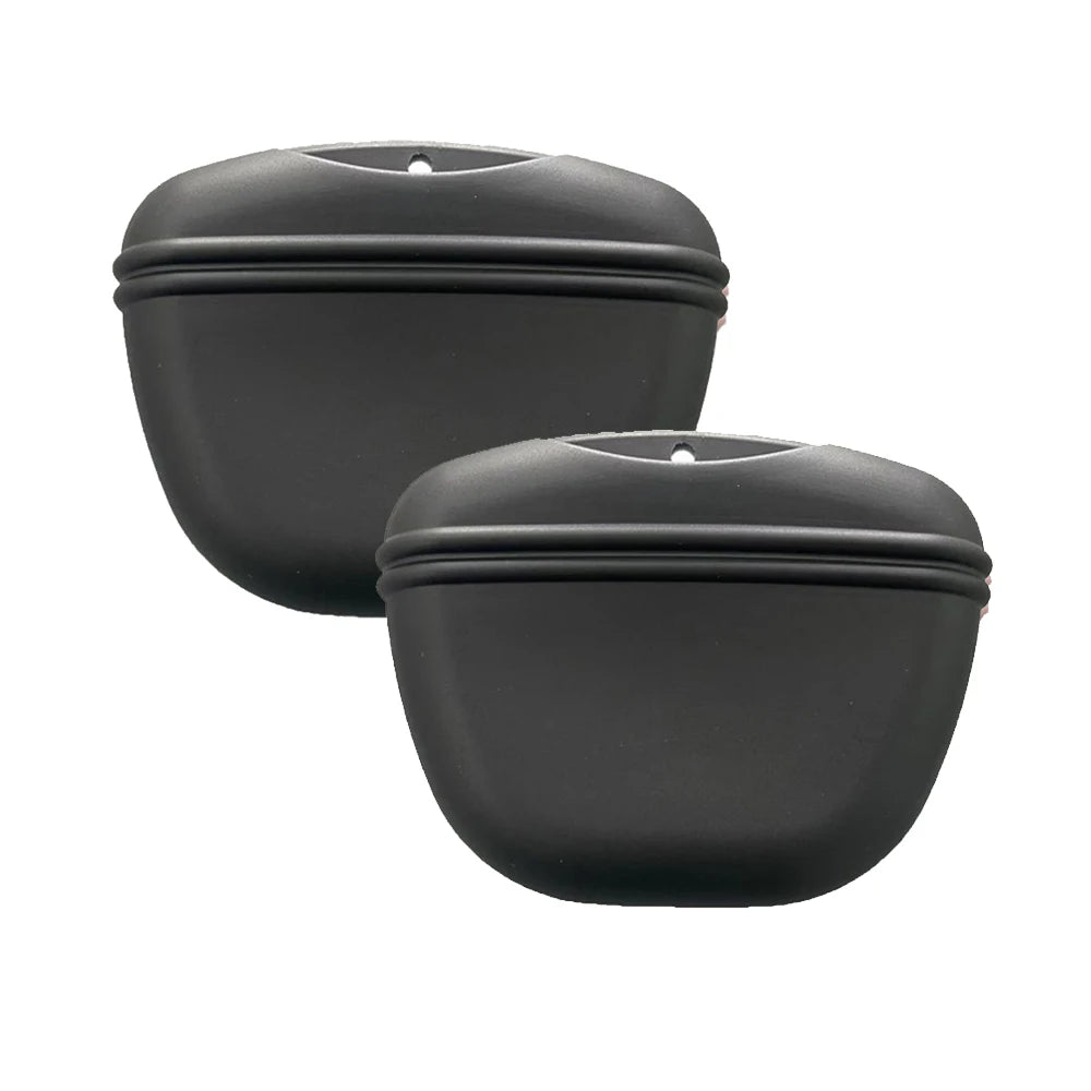 Black silicone dog treat pouch with magnetic closure and waist clip