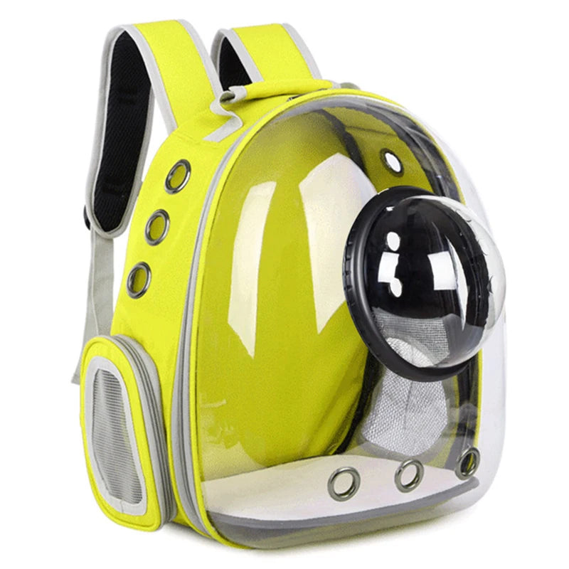 A bright yellow transparent backpack designed for pets, featuring a mesh window and a handle.