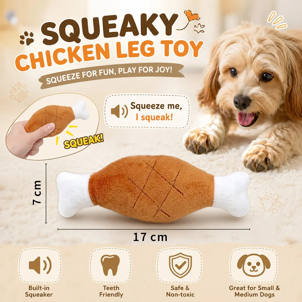 A brown squeaky chicken leg toy plush chew toy for dogs shown next to a golden retriever puppy.