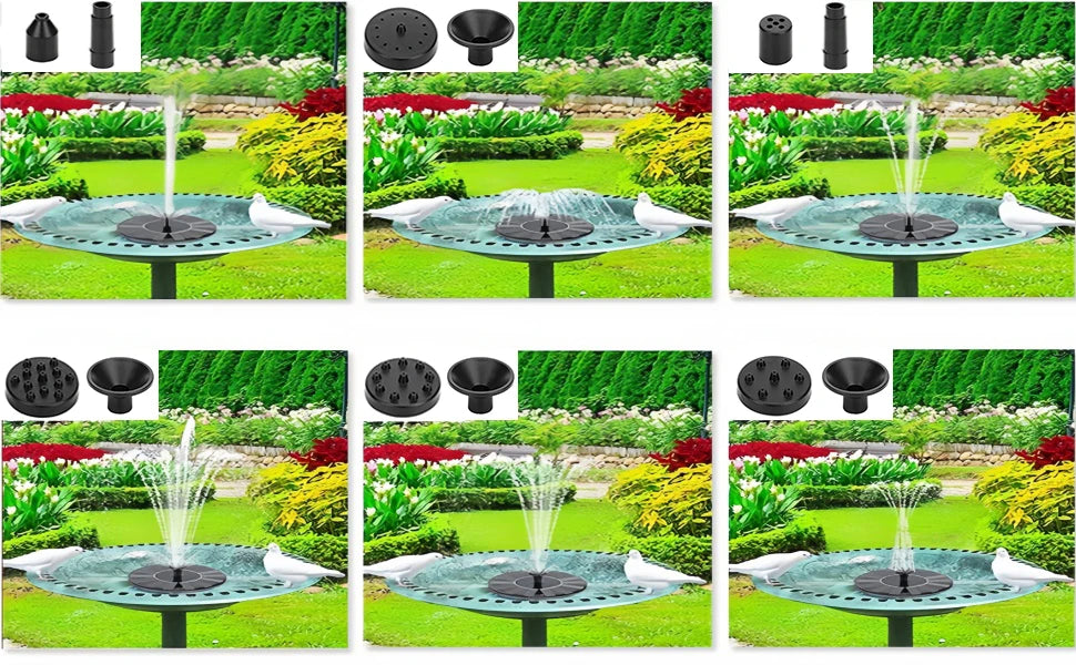 A series of images showing a solar-powered floating fountain pump used for bird baths and ponds in a garden setting.