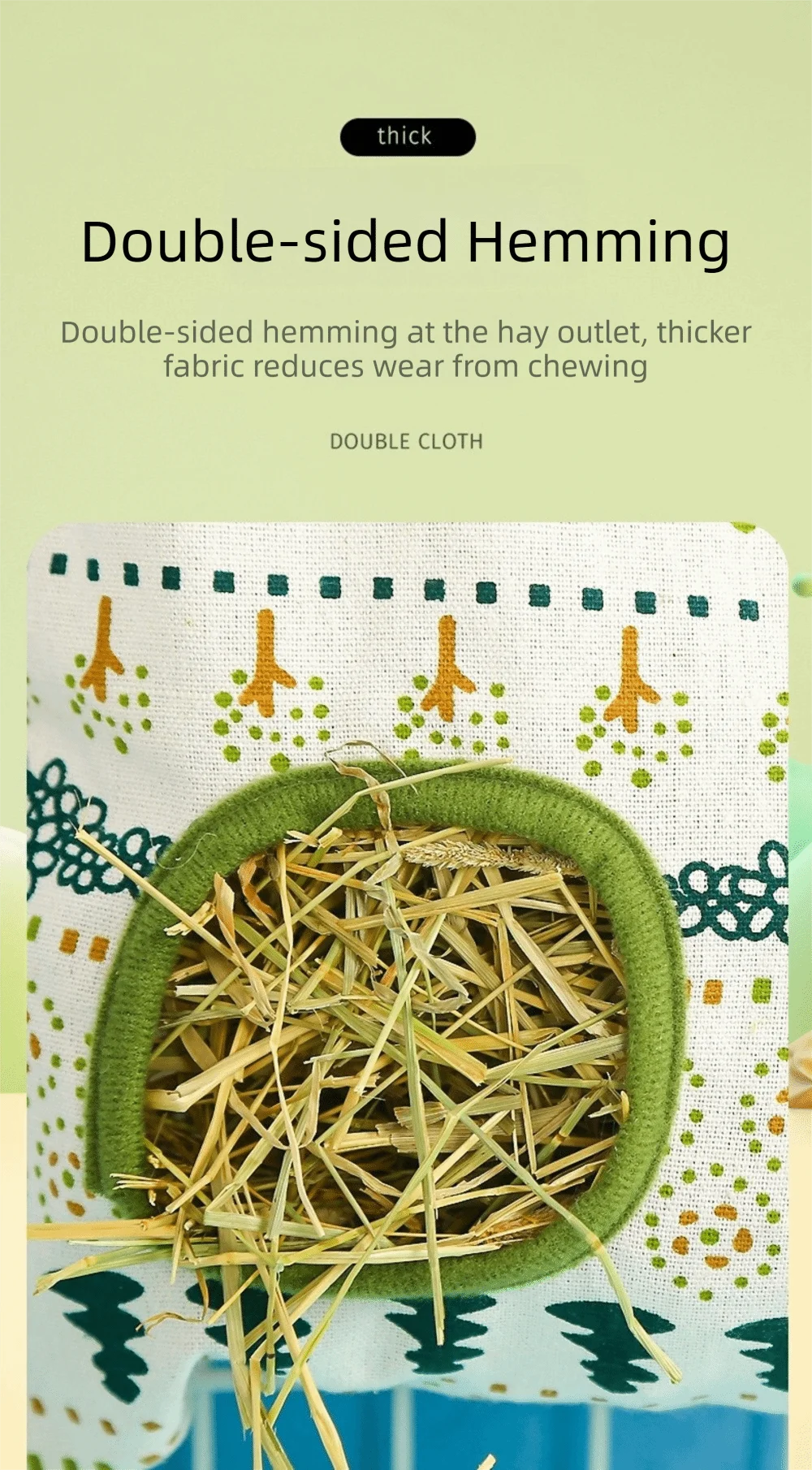 A close-up of a double-sided hemming fabric with a green felt bag filled with straw for small animal feeding.