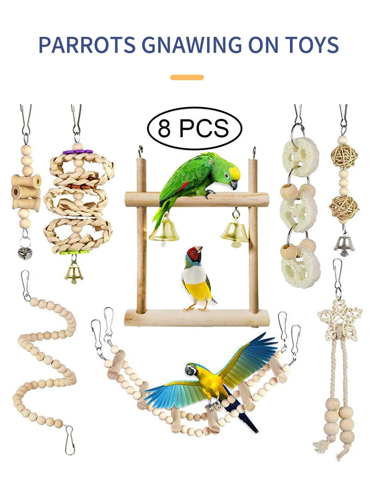 Ensemble de Jouets en Bois pour Oiseaux avec Balances et Clochettes