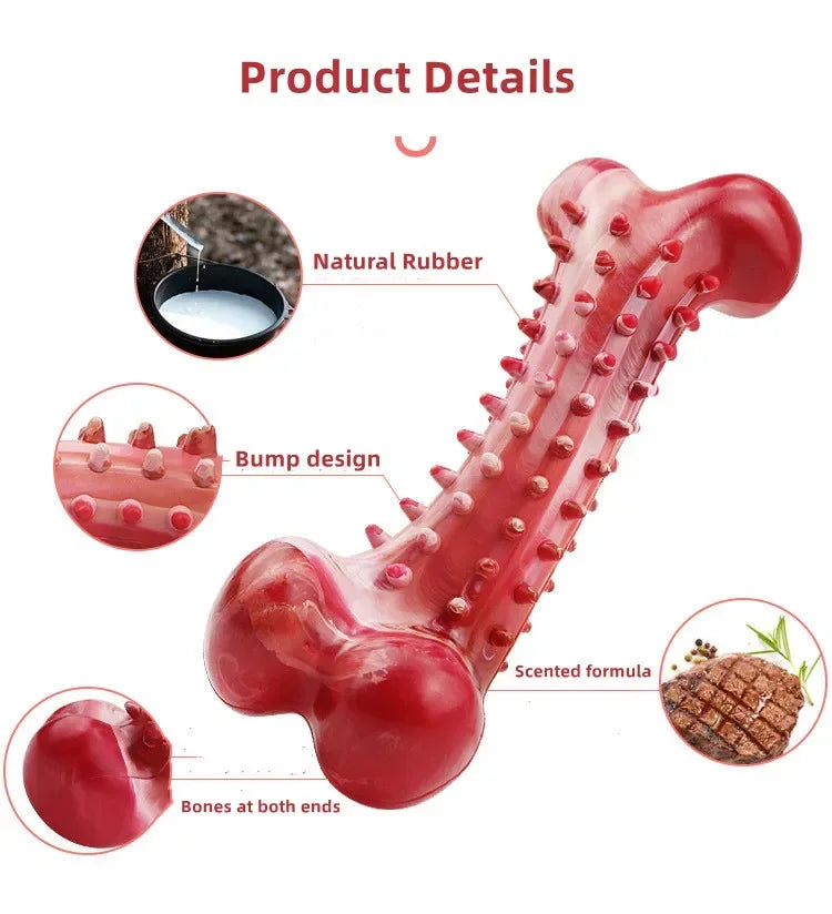 A close-up view of a pink natural rubber dog chew toy designed with bumps and scented formula for teeth cleaning and training