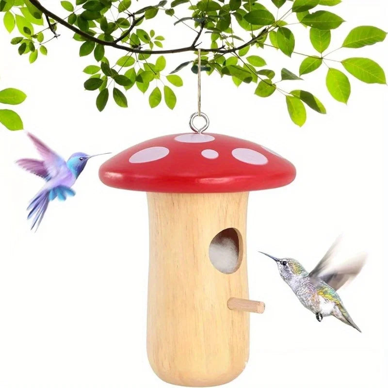 Wooden Hanging Hummingbird House with Natural Finish