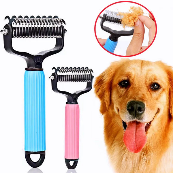 A double-sided stainless steel dematting comb for dogs shown next to a golden retriever.