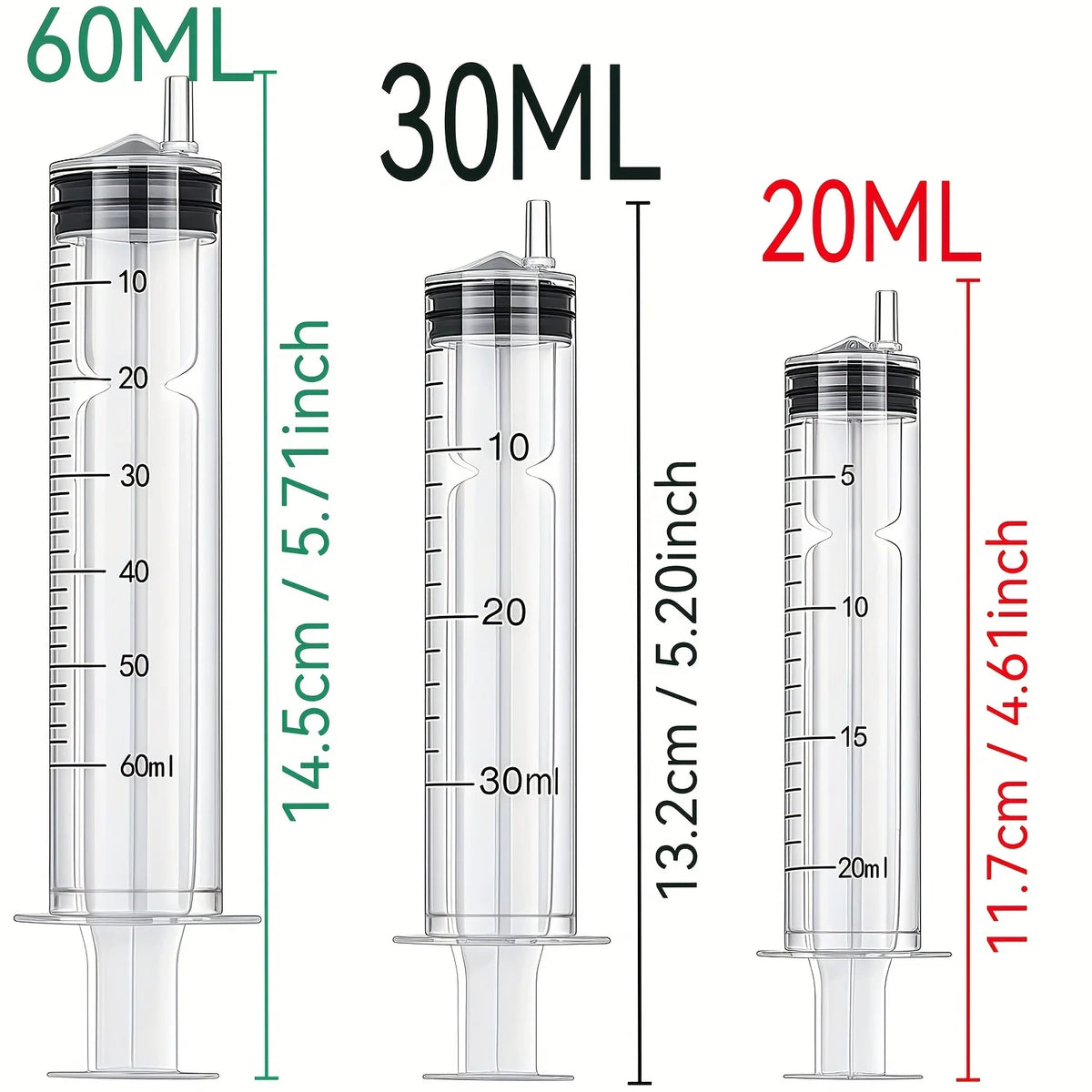 A set of clear precision liquid dispensing syringes marked with various volumes including 60mL, 30mL, and 20mL.