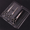 Set de tijeras de aseo para mascotas de acero inoxidable profesional con varias herramientas, dispuestas en un estuche de cue