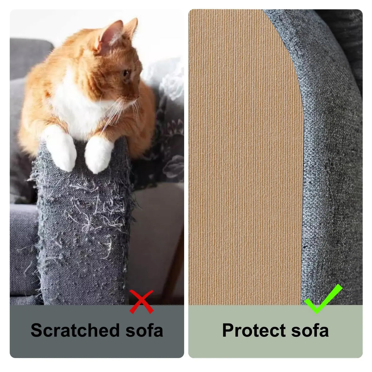 Un gato arañando un sofá, con una imagen alternativa de una alfombra autoadhesiva que protege el sofá.