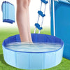 A blue foldable pet swimming pool filled with water, positioned on green grass.