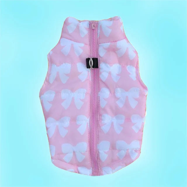 Pink and white patterned cozy winter dog coat with a zipper and a black buckle