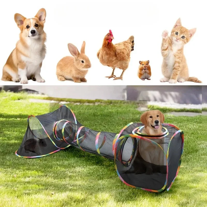 A multi-shape cat tunnel playhouse with balls is shown outdoors on green grass, featuring a black mesh design.