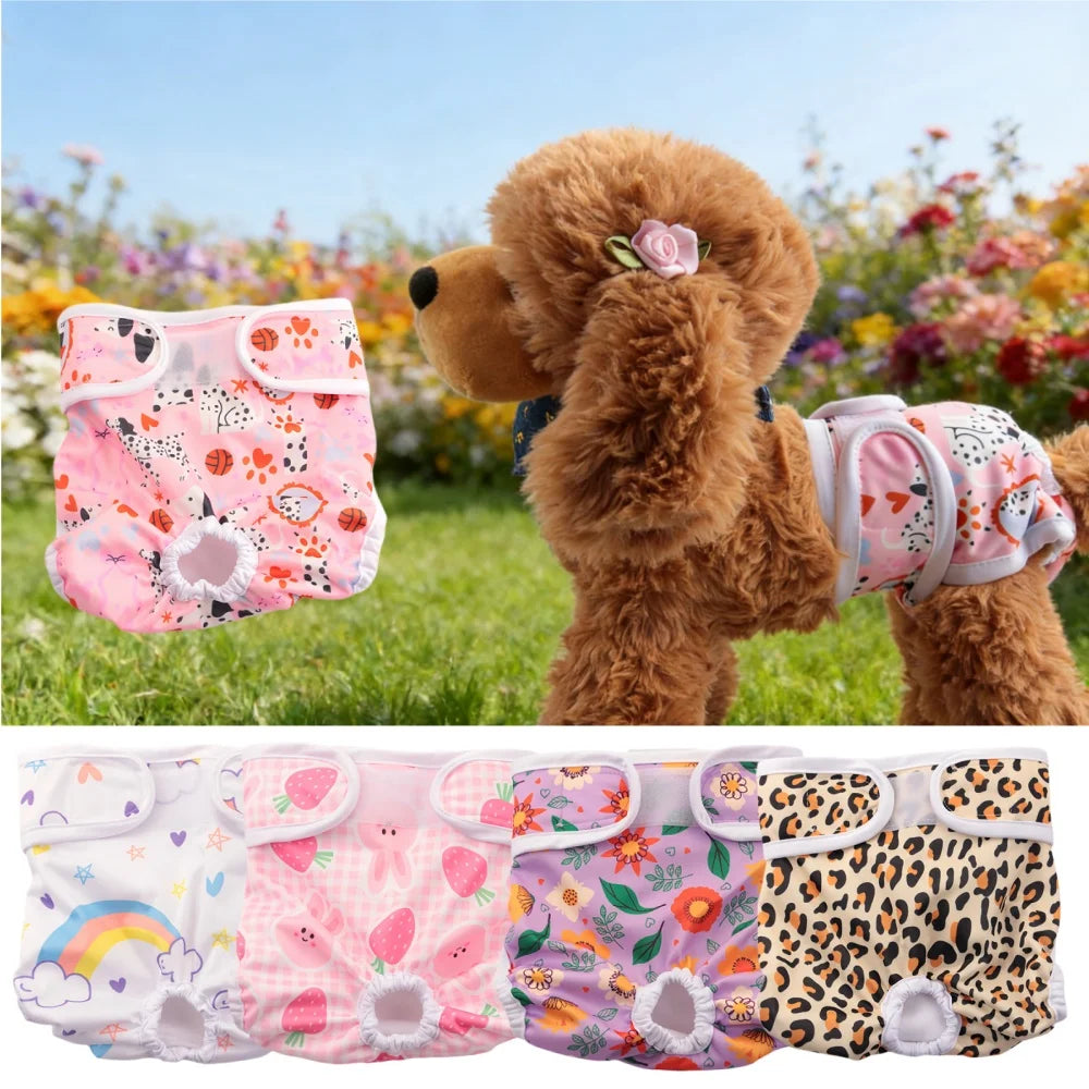 A fluffy brown dog wearing pink and floral washable training pads for dog training.