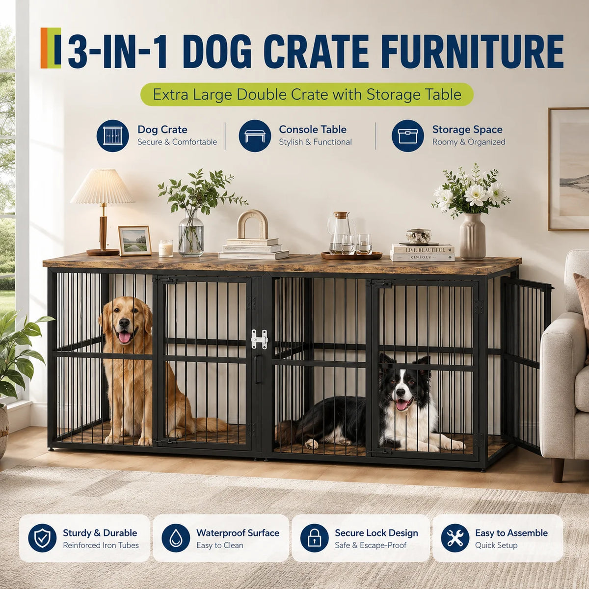 Extra Large Wooden Double Dog Crate with Divider and 3 Doors