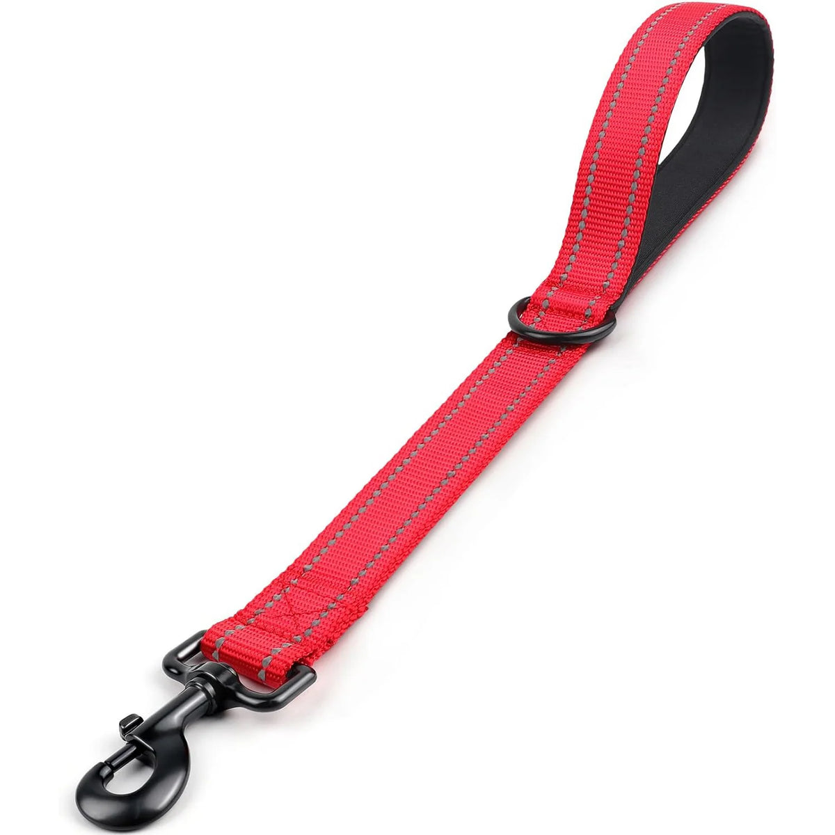 A red heavy-duty short dog leash with a padded handle and black strap is shown against a white background.