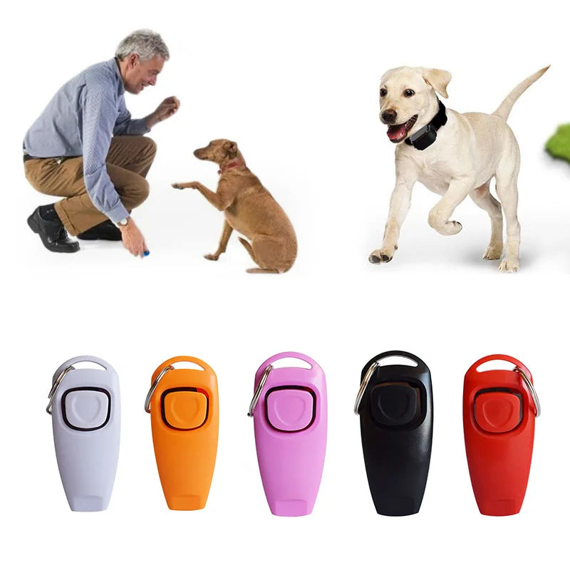 A set of five colored dog training clickers and whistles with key rings shown next to a man and a dog.