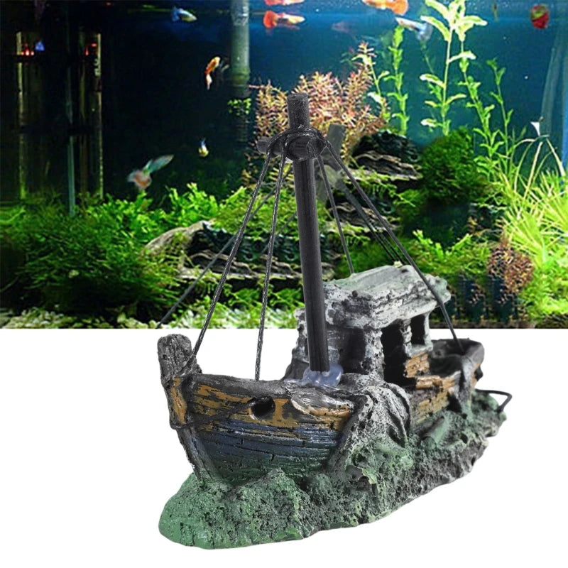 Aquarium Sunken Ship Decoration Resin Fishtank Ornament 12.5x6x10 cm