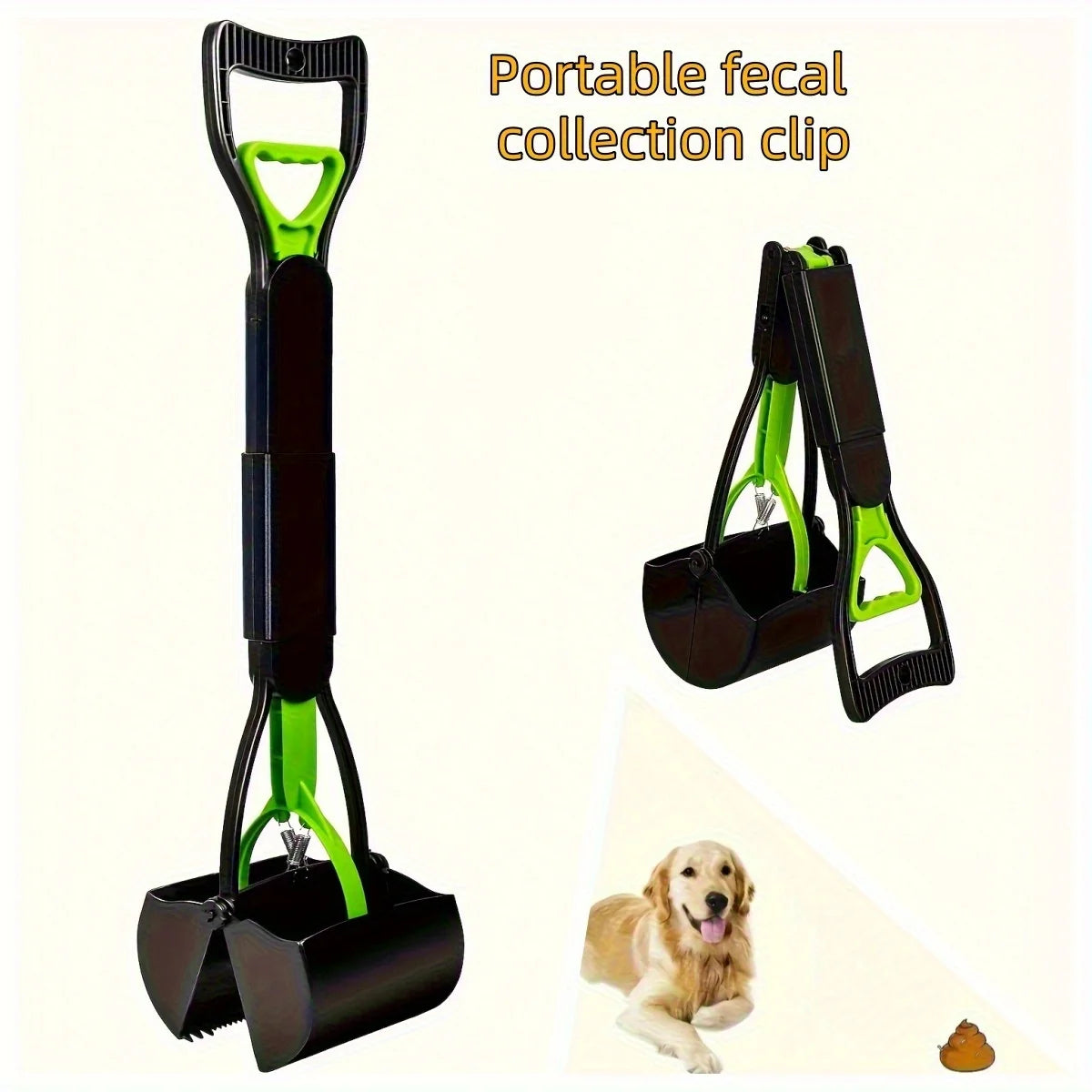 A portable fecal collection clip in black and lime green, shown next to a dog.