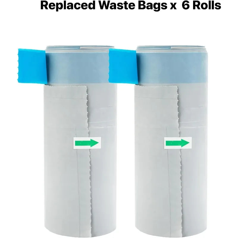 Six rolls of replaced waste bags for a cat litter box, shown next to the product.