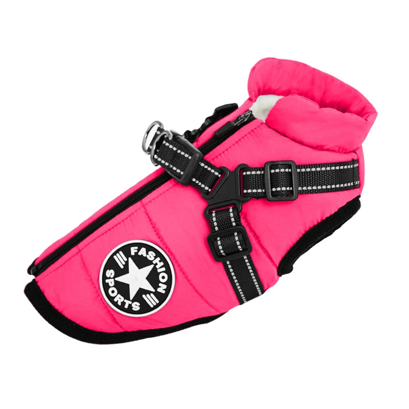 Chaqueta impermeable rosa para perro con arnés integrado y cremalleras negras