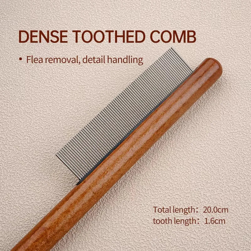 A close-up of a dense toothed comb with a wooden handle and fine teeth, used for flea removal and detail handling.